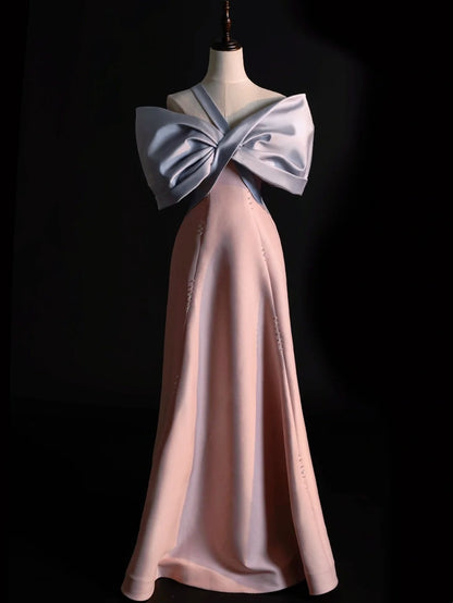 Classy A line One Shoulder Pink Satin With Bow-knot College Formal Outfit Long Prom Graduation Dresses N1219