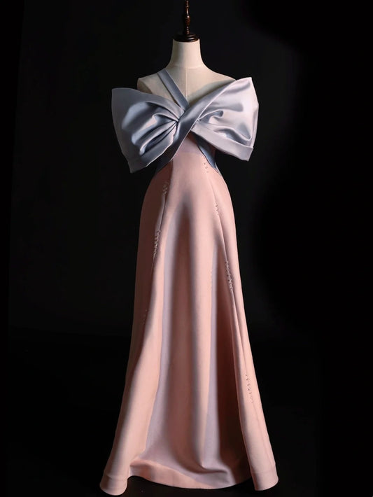 Classy A line One Shoulder Pink Satin With Bow-knot College Formal Outfit Long Prom Graduation Dresses N1219