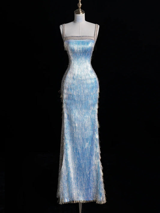Glittering Mermaid Spaghetti Strap Blue Long Prom Dresses Inspo 18th Birthday Outfits Formal Dress N487