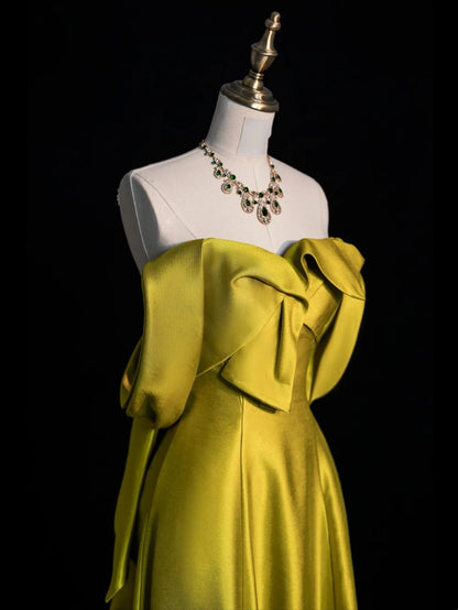 Modest A line Off The Shoulder Satin Green College Formal Outfit Long Prom Graduation Dresses For Teens N1168