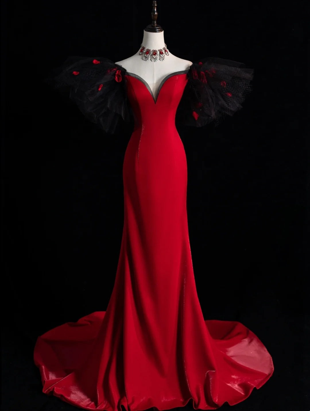 Elegant Mermaid Off The Shoulder Red Satin With Sleeves Floor Length Inspiration Long Prom Dresses N1217