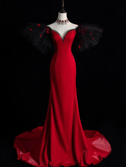 Elegant Mermaid Off The Shoulder Red Satin With Sleeves Floor Length Inspiration Long Prom Dresses N1217