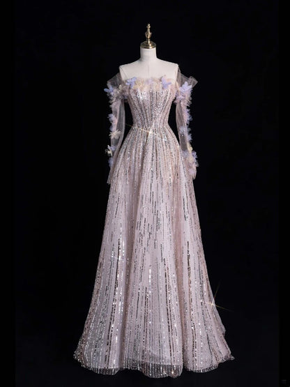 Princess A Line Off The Shoulder Sequined Long Formal Evening Dress Gowns Prom Dresses N741