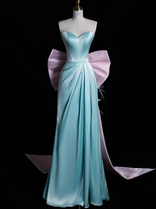 Stunning A line Sweetheart Blue Satin With Bow-knot Prom Dresses Inspiration Evening Dress Princess Graduation Gown N1080