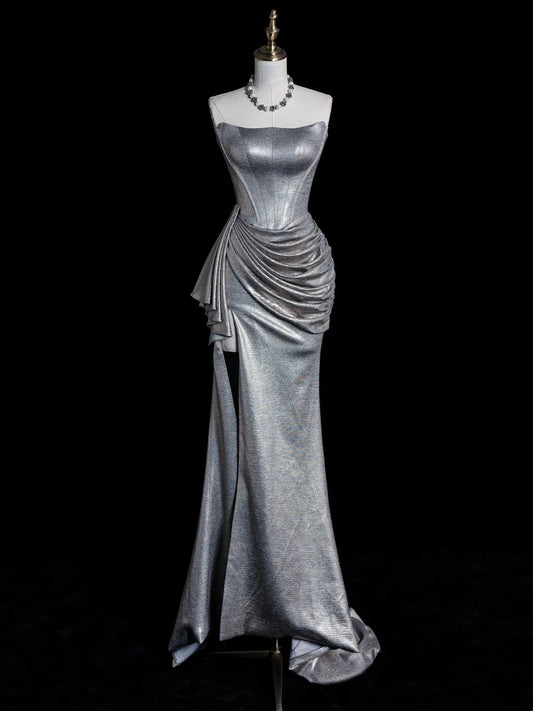 Whimsical Mermaid Strapless Silver Gray Sequin Pleated Bodice Long Prom Dresses Night Formal Dress N611