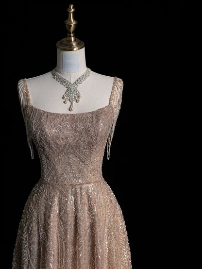 Beautiful Ball Gown Square Neck Champagne Sequins Long Prom Dresses Inspiration Evening Gowns Formal Dress N1226