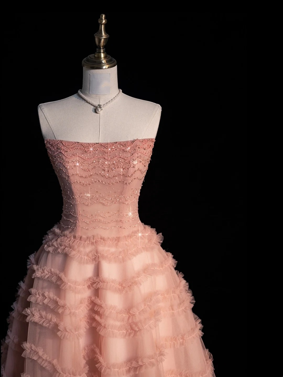 Cute Ball Gown Strapless Blush Pink Tulle Senior Prom Dresses High School Long Formal Dress N1273
