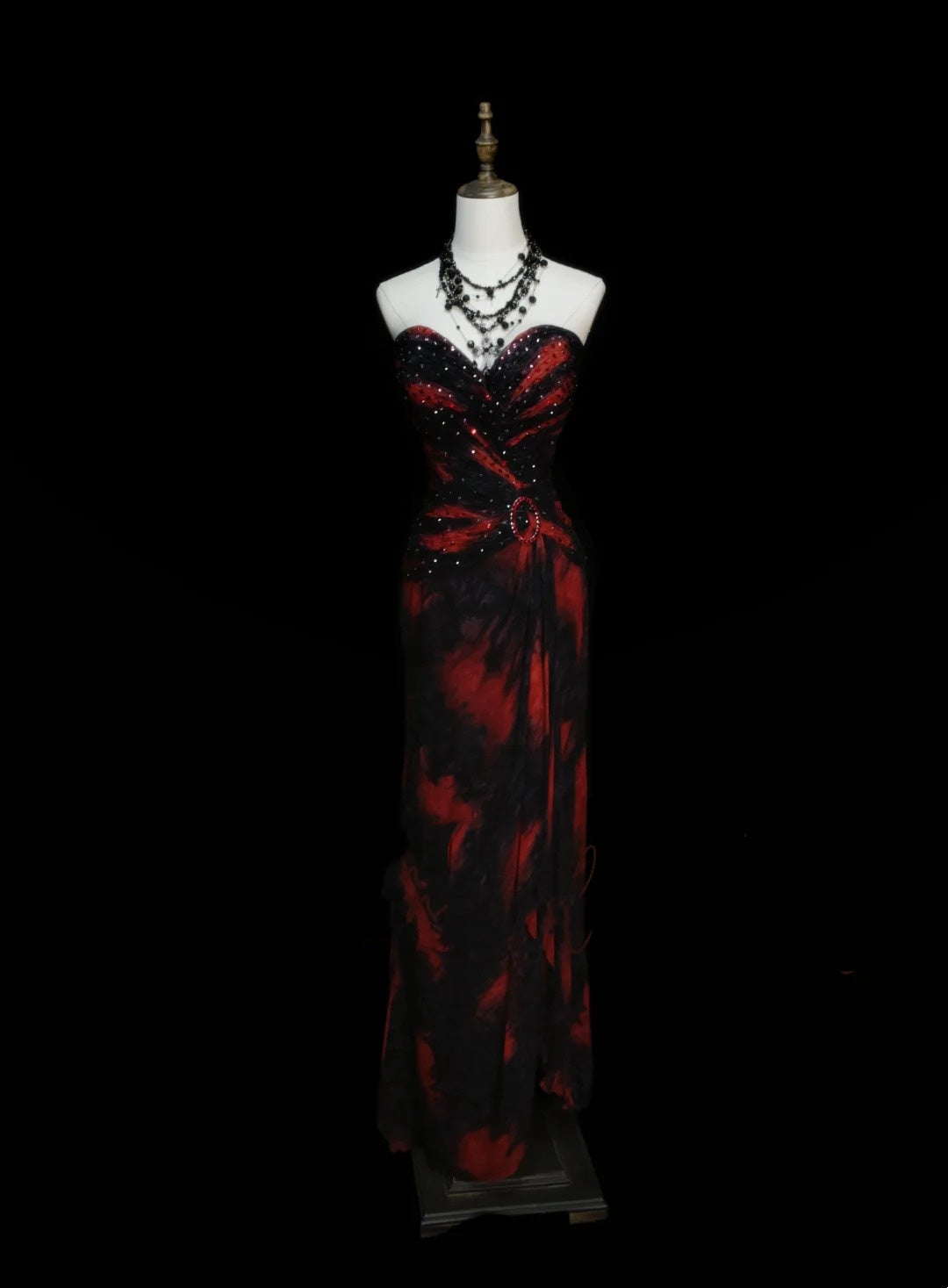 Modest Mermaid Sweetheart Black Red Floral Chiffon Beaded Senior 80s Prom Dresses High School Long Formal Dress N1338