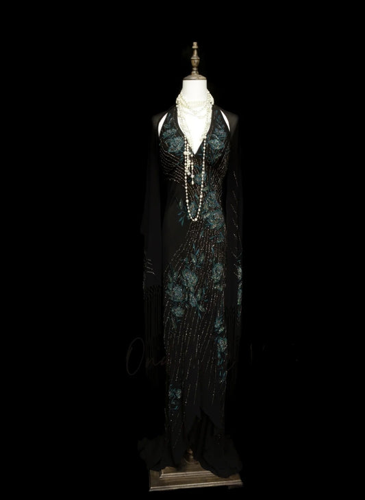 Vintage Prom Dresses Aesthetic Mermaid Halter Floral Chiffon Black With Beaded Crystals Bodice Inspo Formal Party Gowns N1824