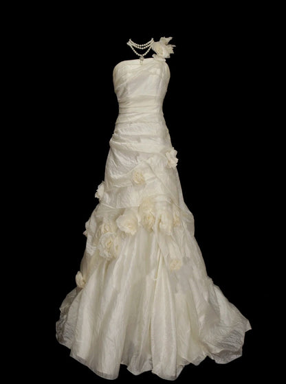 Vintage 70s Mermaid One Shoulder With 3D Flowers Wedding Dress Fairytale Bridal Dresses N1384