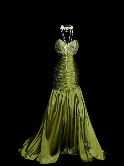 Vintage Prom Dresses Aesthetic Mermaid Sweetheart Green Satin With Beaded Crystals Bodice Inspo Formal Party Gowns N1825
