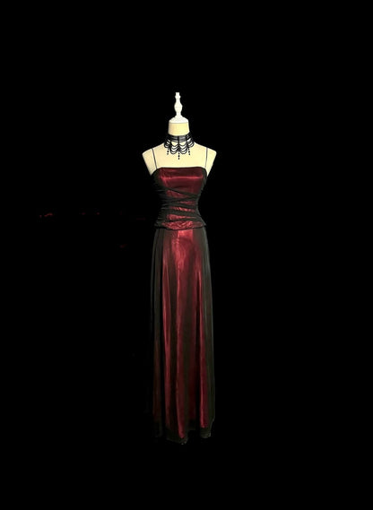 Beautiful Prom Dresses A line Burgundy Spaghetti Strap Black Tulle Long Evening Outfits N3434