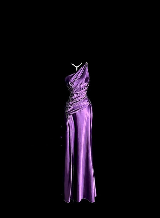 Modest Prom Dresses Mermaid One Shoulder Purple Satin With Ruffled Long Evening Outfits N3432