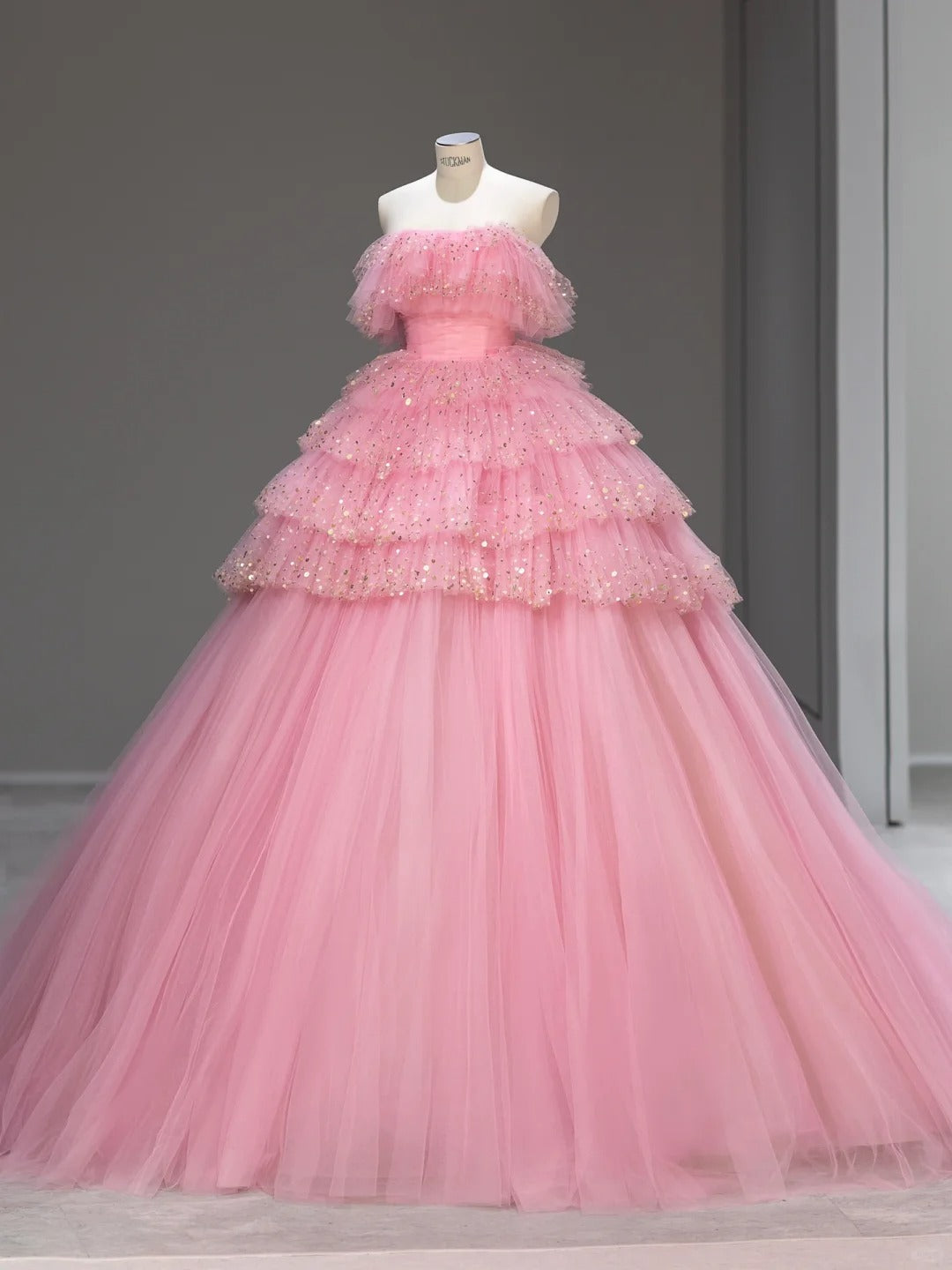 Princess Prom Dresses Ball Gown Strapless Pink Tulle Sweet 16 Evening Long Formal Dress RB4006