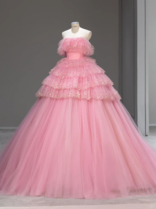 Princess Prom Dresses Ball Gown Strapless Pink Tulle Sweet 16 Evening Long Formal Dress RB4006