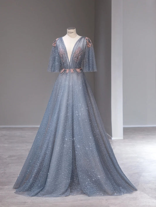 Ball Gown V Neck Dusty Blue Tulle Sleeveless With Beads Prom Dresses Formal Outfits RB3983