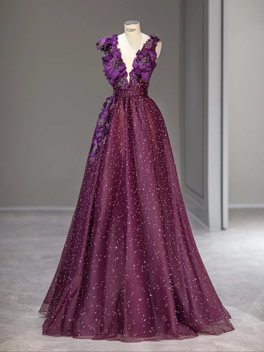 Elegant A Line V Neck Purple With Flower Beads Long Prom Dresses Inspo Evening Outfits RB3999