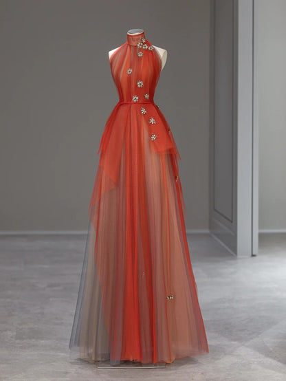 Elegant A Line High Neck Orange Tulle With Flower Beads Long Prom Dresses Inspo Evening Outfits RB3998