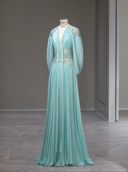 Beautiful A Line V Neck Blue Chiffon With Sleeves Long Prom Dresses Inspo Formal Outfits RB3992