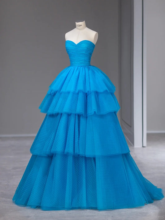 Sweet Ball Gown Sweetheart Blue Tulle Sleeveless Long Prom Dresses Formal Outfits RB3988
