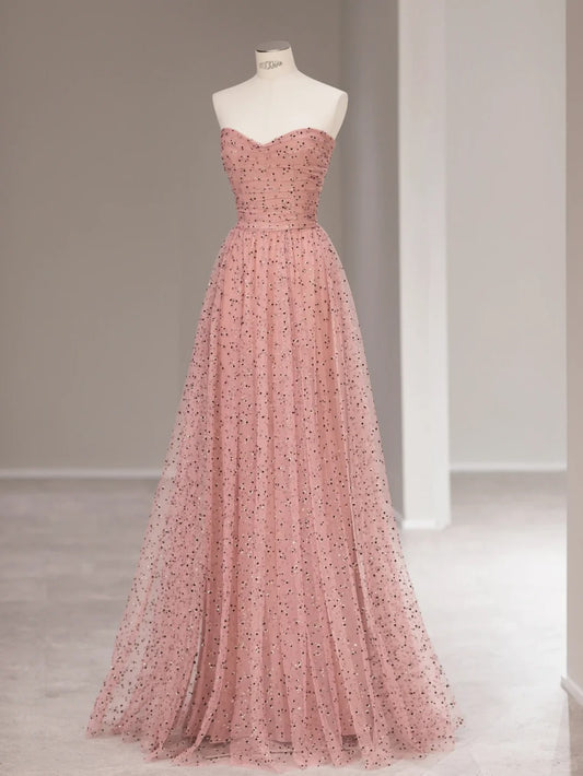 Pretty A line Sweetheart Pink Tulle Sleeveless Long Prom Dresses Formal Outfits RB3984