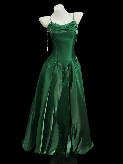 Vintage Prom Dresses 90s Formal A Line Spaghetti Strap Dark Green Long Party Gowns N4489