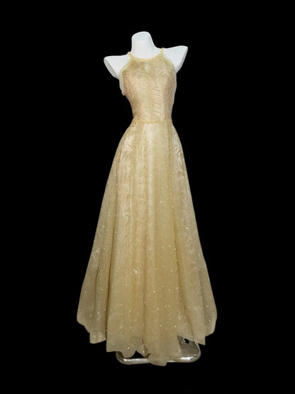 Princess Prom Dresses Formal A Line Halter Gold Sequin Sleeveless Long Party Gowns N4538