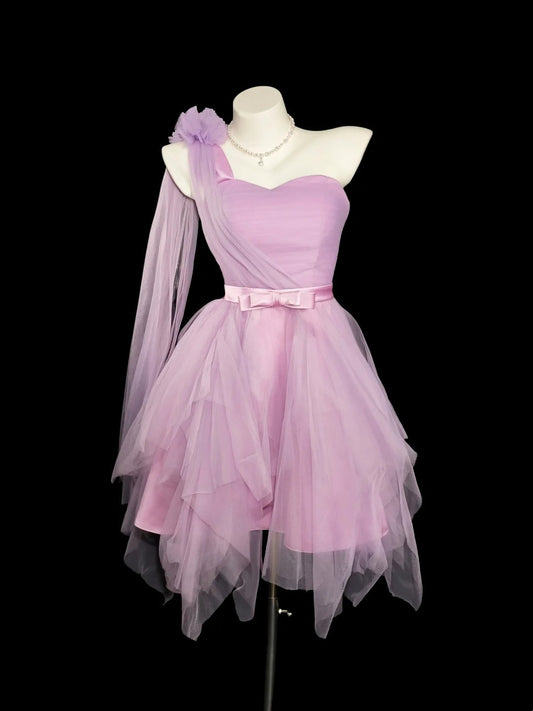 Dream A line One Shoulder Lilac Tulle Senior Short Graduation High School Homecoming Dresses N4551
