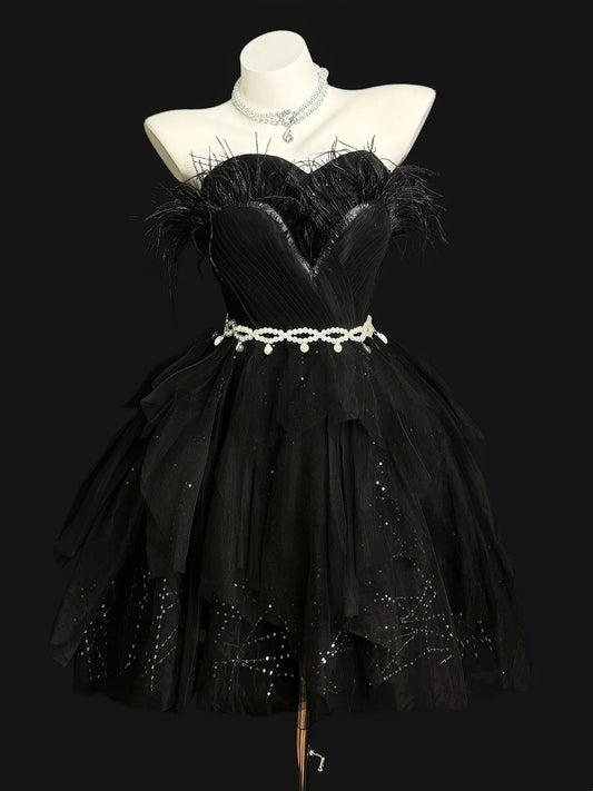 Pretty Ball Gown Sweetheart Black With Feathers Senior Inspo Graduation High School Homecoming Dresses N4510