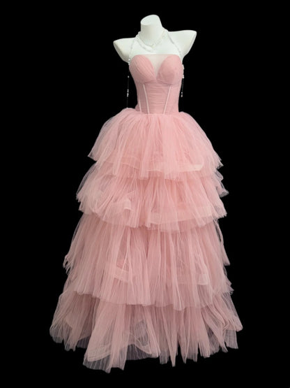Princess Prom Dresses Formal Ball Gowns Strapless Sleeveless Pink Tulle Long Party Gowns N4509