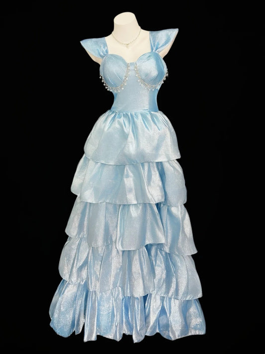 Princess Prom Dresses Formal Ball Gowns Sweetheart Blue With Pearls Long Party Gowns N4536