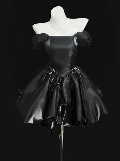 Cute Ball Gown Off The Shoulder Little Black Dress Satin Short Cocktail Gown Homecoming Dresses Ideas Hoco Outfit RB5440