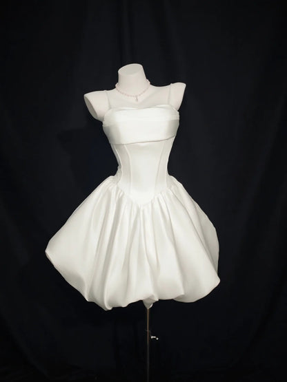 Romantic Ball Gown Spaghetti Strap White Short Satin Senior Inspo Graduation High School Homecoming Dresses N4495