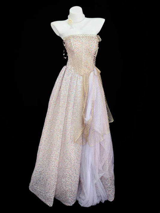 Princess Prom Dresses Formal A Line Strapless Sequin Lilac Tulle Long Party Gowns N4526