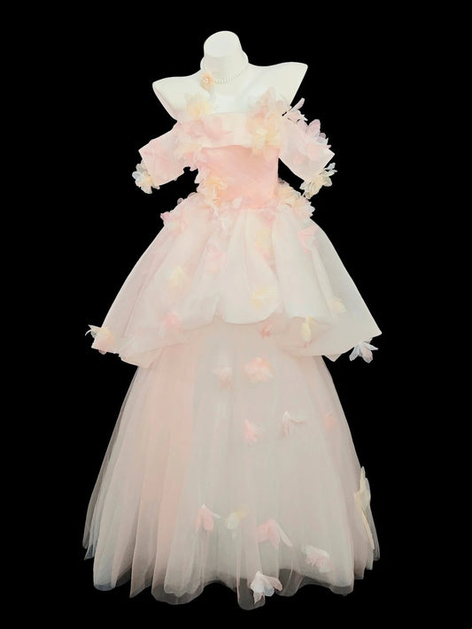 Princess Prom Dresses Formal Ball Gowns Off The Shoulder Light Pink Tulle Long Party Gowns N4507