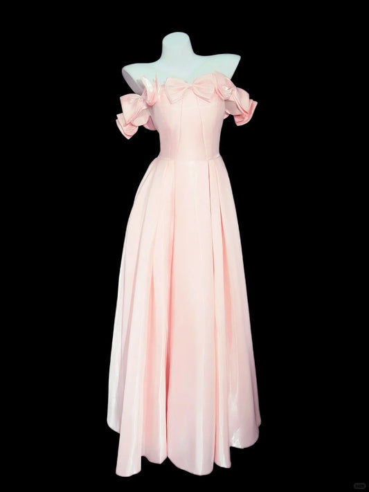 Princess Prom Dresses Formal A Line Off The Shoulder Pink With Sleeves Long Party Gowns N4532