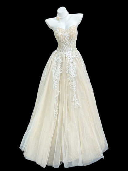 Stylish A line Sweetheart Champagne With White Lace Floor Length Prom Dresses Inspo Evening Outfits RB4452
