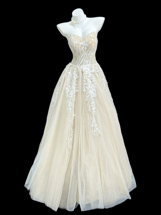 Stylish A line Sweetheart Champagne With White Lace Floor Length Prom Dresses Inspo Evening Outfits RB4452