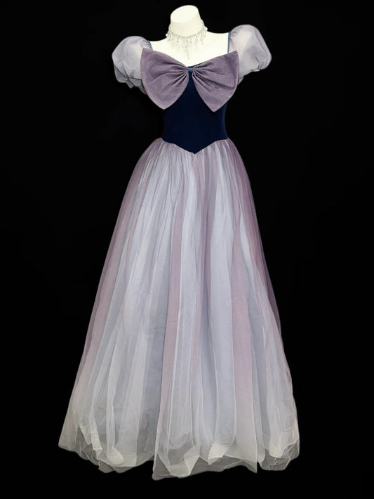 Classic A line Square Neck Grape Tulle With Bow Floor Length Prom Dresses Inspo Formal Outfits RB4462