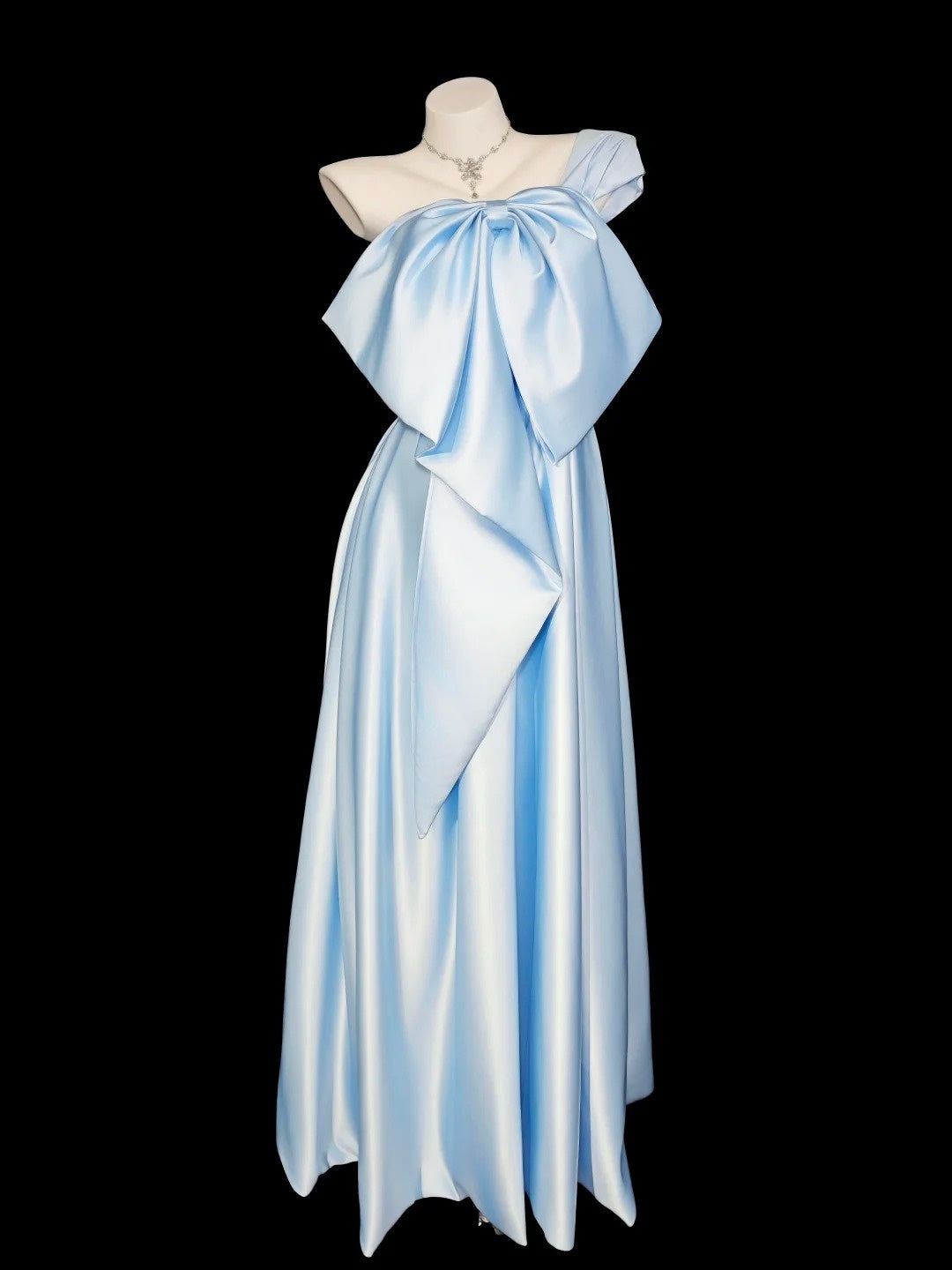 Princess Prom Dresses Formal A Line One Shoulder Blue Satin Sleeveless Long Party Gowns N4545