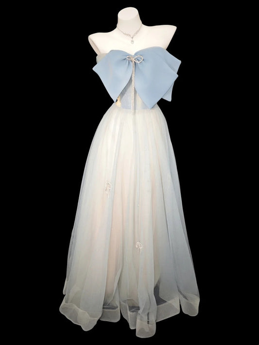 Princess Prom Dresses Formal A Line Strapless Light Blue Tulle Sleeveless Long Party Gowns N4543