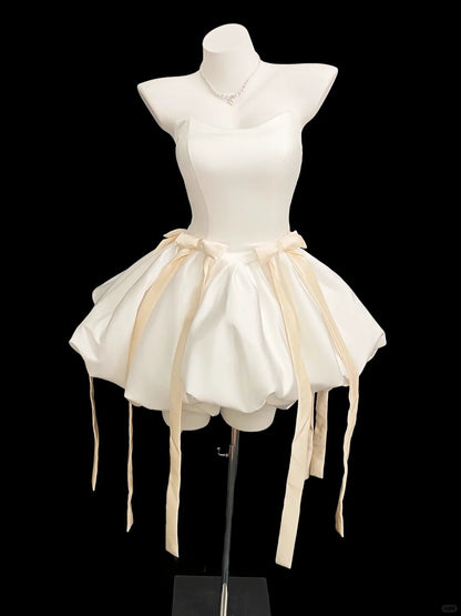 Romantic Ball Gown Strapless Ivory Satin Senior Short Graduation High School Homecoming Dresses N4548