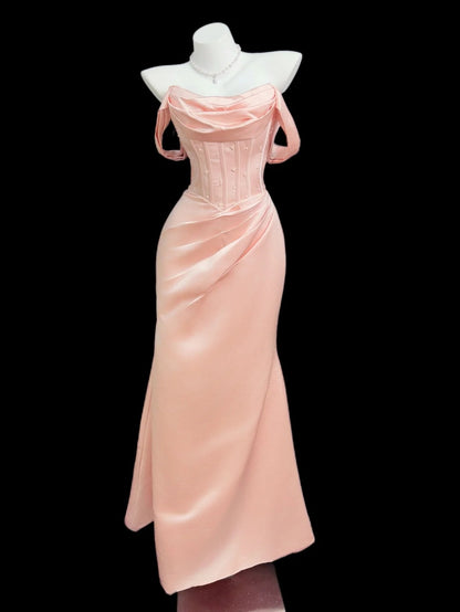 Pretty Mermaid Off The Shoulder Blush Pink Satin Spring Summer Event Outfits Wedding Guest Dresses RB4344