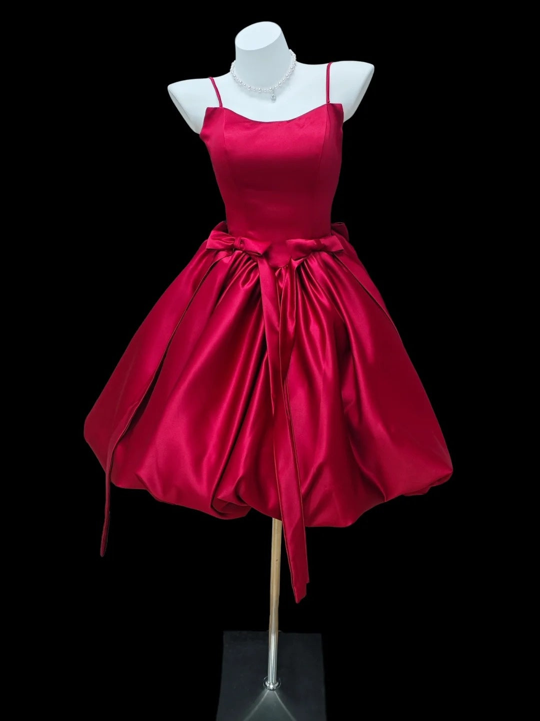 Romantic Ball Gown Spaghetti Strap Red Satin Senior Short Graduation High School Homecoming Dresses N4514