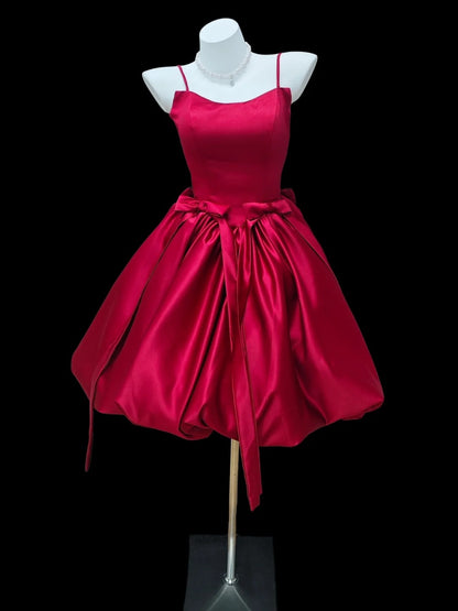 Romantic Ball Gown Spaghetti Strap Red Satin Senior Short Graduation High School Homecoming Dresses N4514