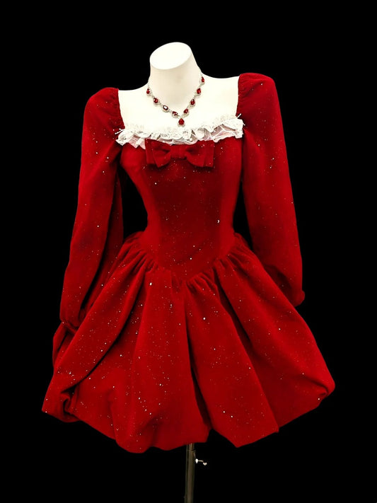 Beautiful Ball Gown Square Neck Red With Long Sleeves Velvet 12th Grad Short Mini length Aesthetic Homecoming Dresses RB4361
