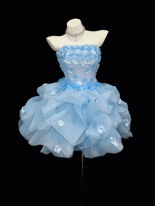 Pretty Ball Gown Strapless Blue With 3D Flowers Senior Inspo Graduation High School Homecoming Dresses N4517