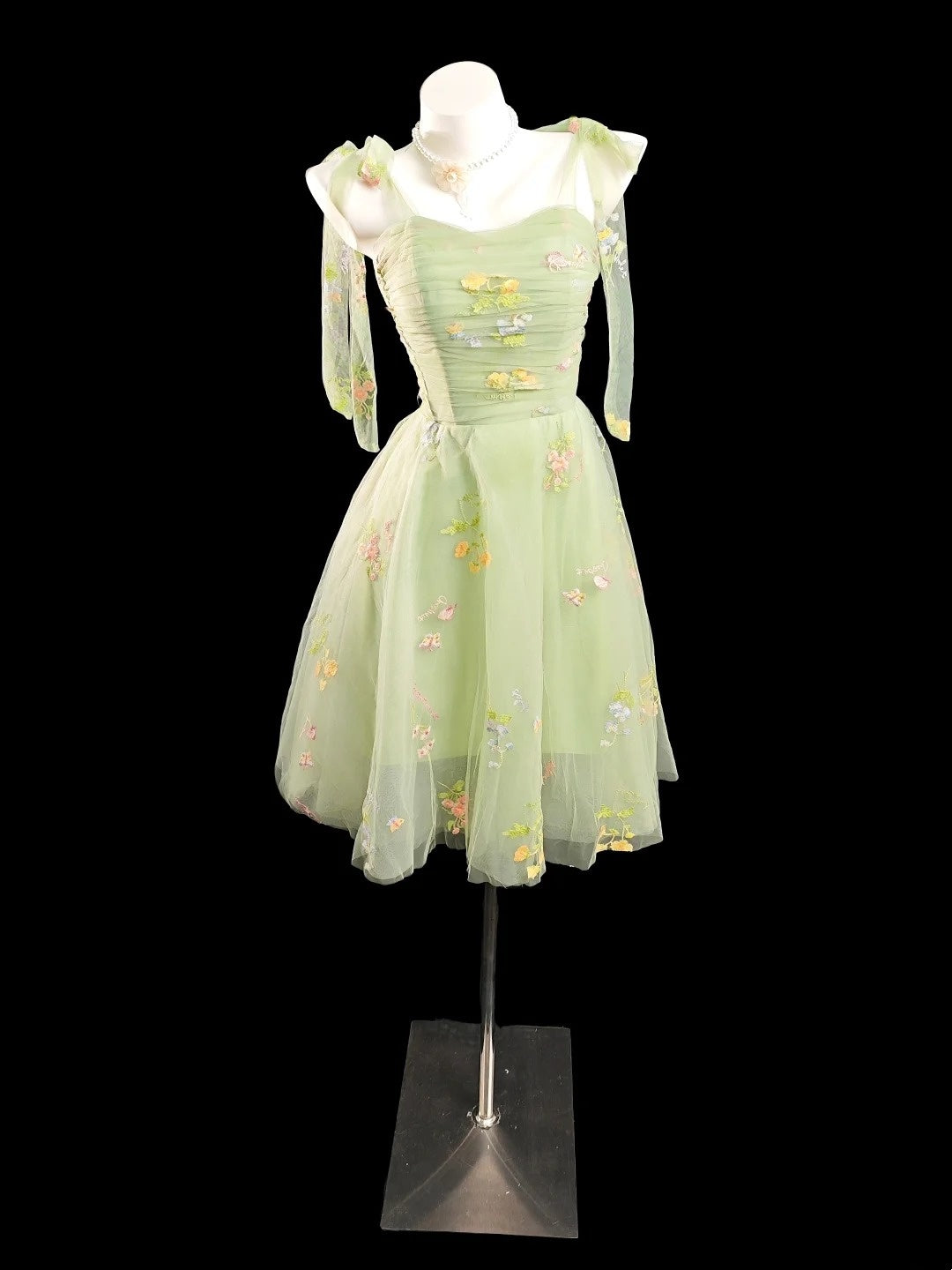 Romantic A Line Spaghetti Strap Sage Green Flowers Senior Inspo Graduation High School Homecoming Dresses N4496
