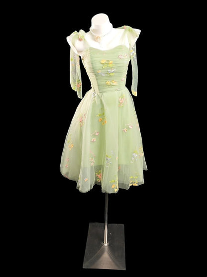 Romantic A Line Spaghetti Strap Sage Green Flowers Senior Inspo Graduation High School Homecoming Dresses N4496