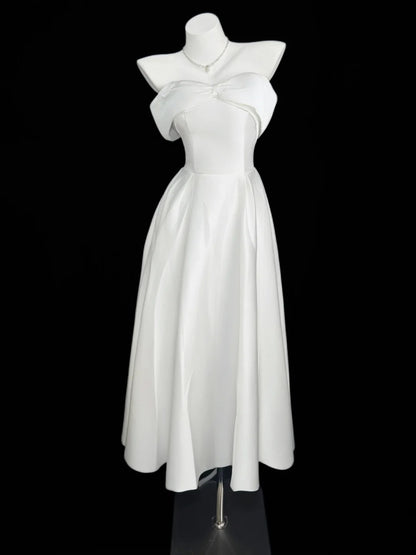 Cute A line Off The Shoulder White Satin Summer Beach Spring Summer Event Outfits Wedding Guest Dresses RB4357